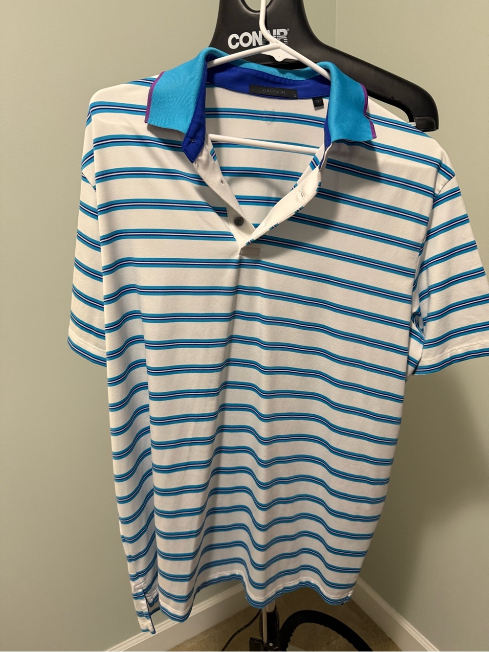Greyson White Polo with Blue Stripes and Teal Collar Accent